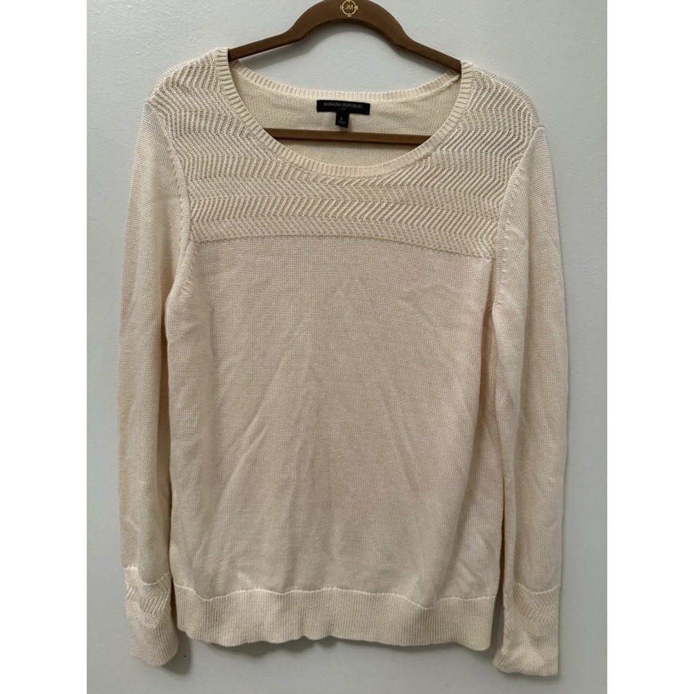 Banana Republic Cream Chevron Knit Sweater Long Sleeve Crew Neck Sz L
